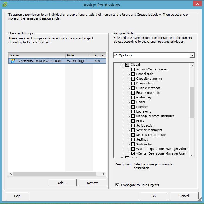 vC Ops Assign Role in vSphere vCenter